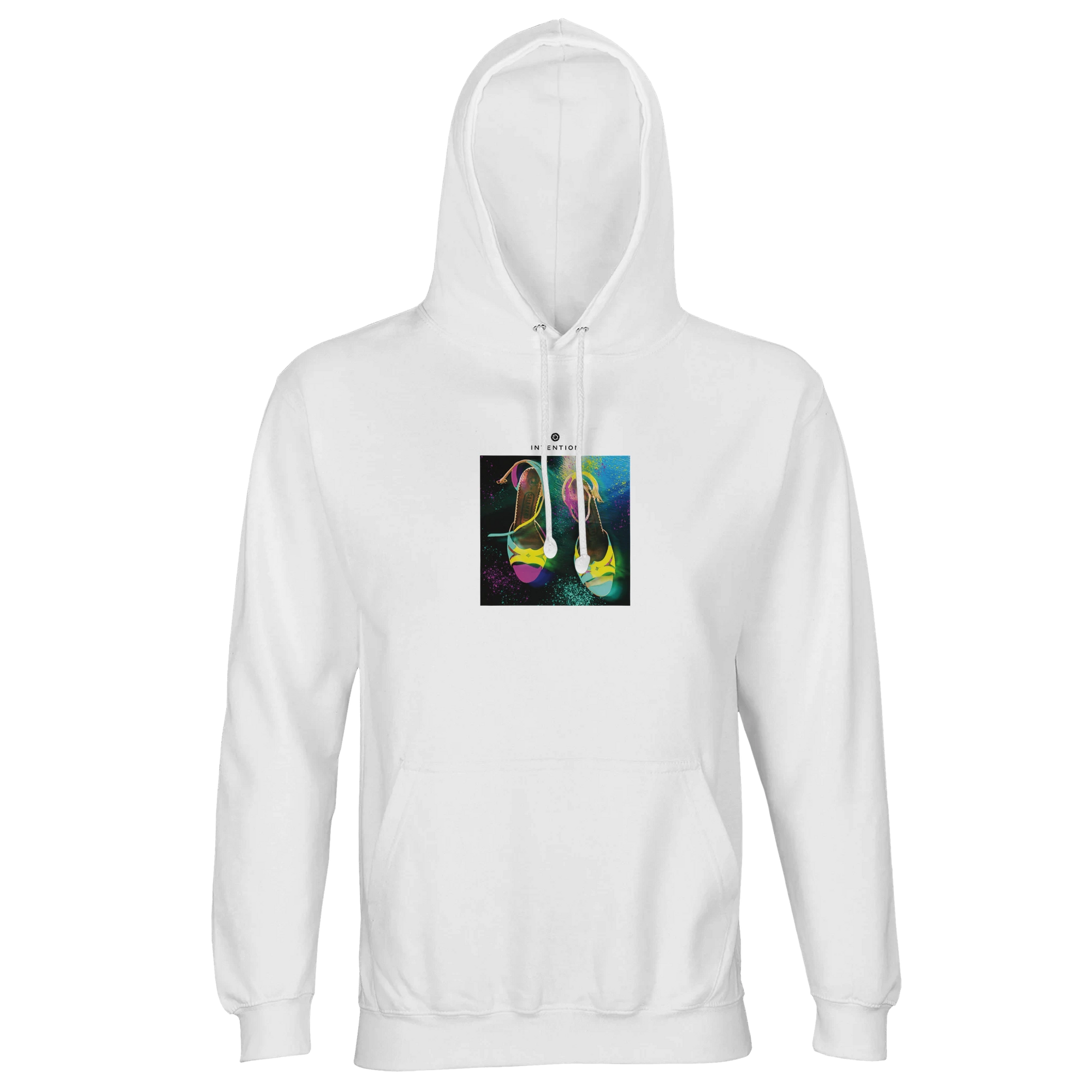A white hoodie featuring an art print of two high-heeled shoes on a dark, multicolored background. This stylish and comfy piece has a front pocket, drawstrings, and blends conscious fashion with everyday comfort.