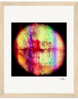 A framed wall art of close-up lips with a textured, abstract effect and vibrant rainbow lines. The wood frame adds elegance—ideal for inspirational mindful home decor. The artist’s signature is in the corner.