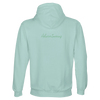 A light blue hooded sweatshirt displayed from the back, featuring the word Adventurous in a small cursive font across the upper back, highlights mindful apparel for those who value conscious fashion.