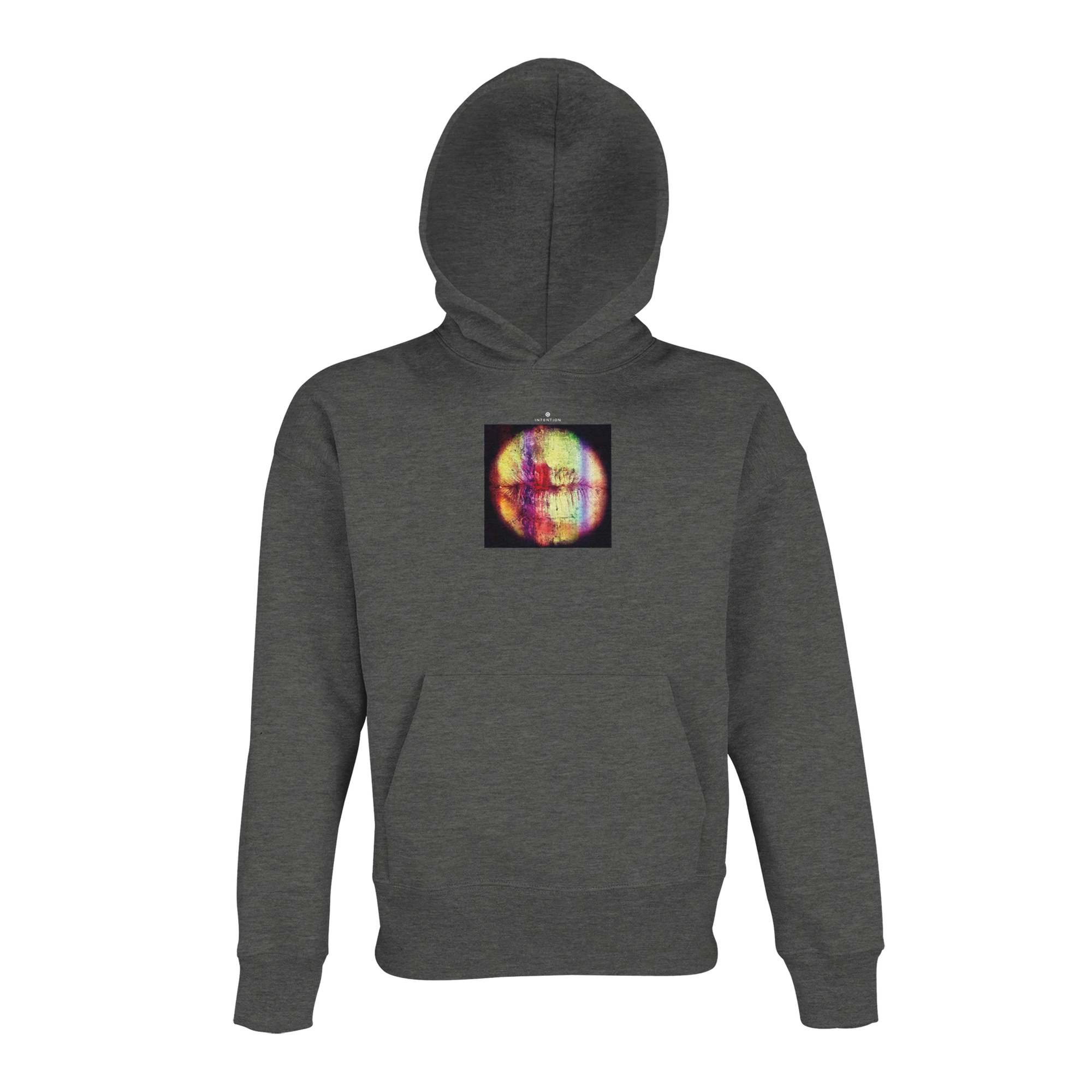 A charcoal gray hooded sweatshirt featuring an art print—a square, abstract, colorful, symmetrical design on a black background. This mindful apparel piece is displayed against a plain white backdrop.