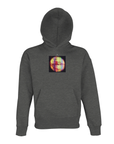 A Grey Melange hooded sweatshirt from conscious fashion, featuring a square, colorful abstract chest graphic with red, yellow, purple, and green circular patterns. Displayed on a plain background.