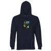 A French Navy hoodie featuring an art print of high-heeled shoes in neon green, pink, and yellow on a blue and purple background—a bold statement in conscious fashion.