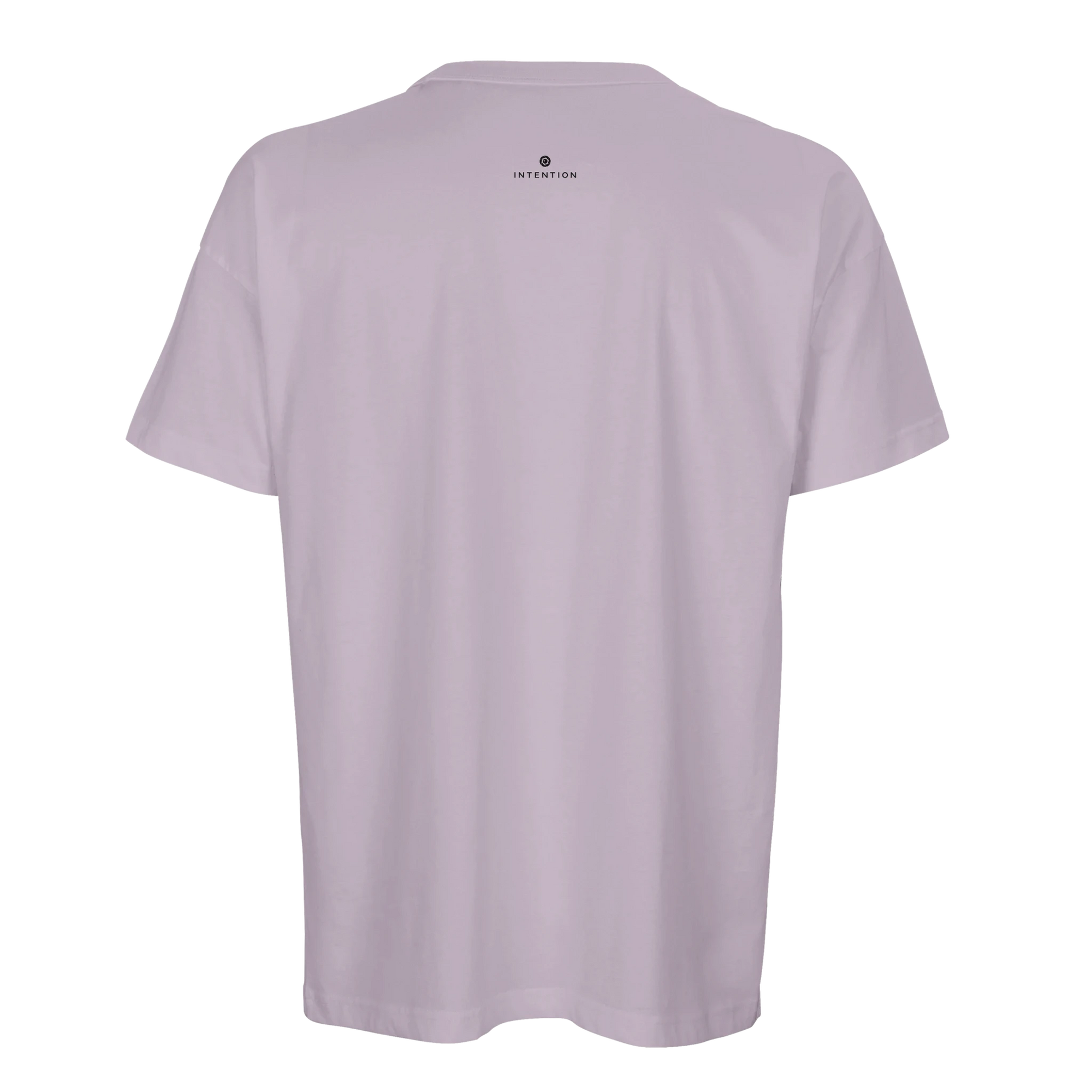 A plain, short-sleeved, light purple t-shirt made of mindful apparel is shown from the back. A small logo and the word INTENTION are printed near the upper center of the back, just below the neckline.
