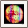 A close-up of lips covered in multicolored pigments forms a circular shape against a black background with a rainbow pattern. This fine art print comes in a gallery-quality dark wood frame and is signed in the bottom right corner.