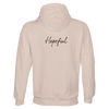 A light beige hooded sweatshirt shown from the back with the word Hopeful printed in black cursive font across the upper back, embodying conscious fashion.