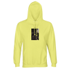 A light yellow hooded sweatshirt with matching drawstrings, featuring a small rectangular art print with a dark, indistinct image centered on the chest. Displayed against a plain white background.