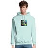 A young man wears a light blue hoodie from a mindful apparel collection, featuring a colorful graphic of two hanging sneakers against a multicolored background. He stands facing forward with a neutral expression.