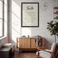 Faith Word of Intention Framed print 70x100 cm / 28x40″ Black frame Linen paper in interior