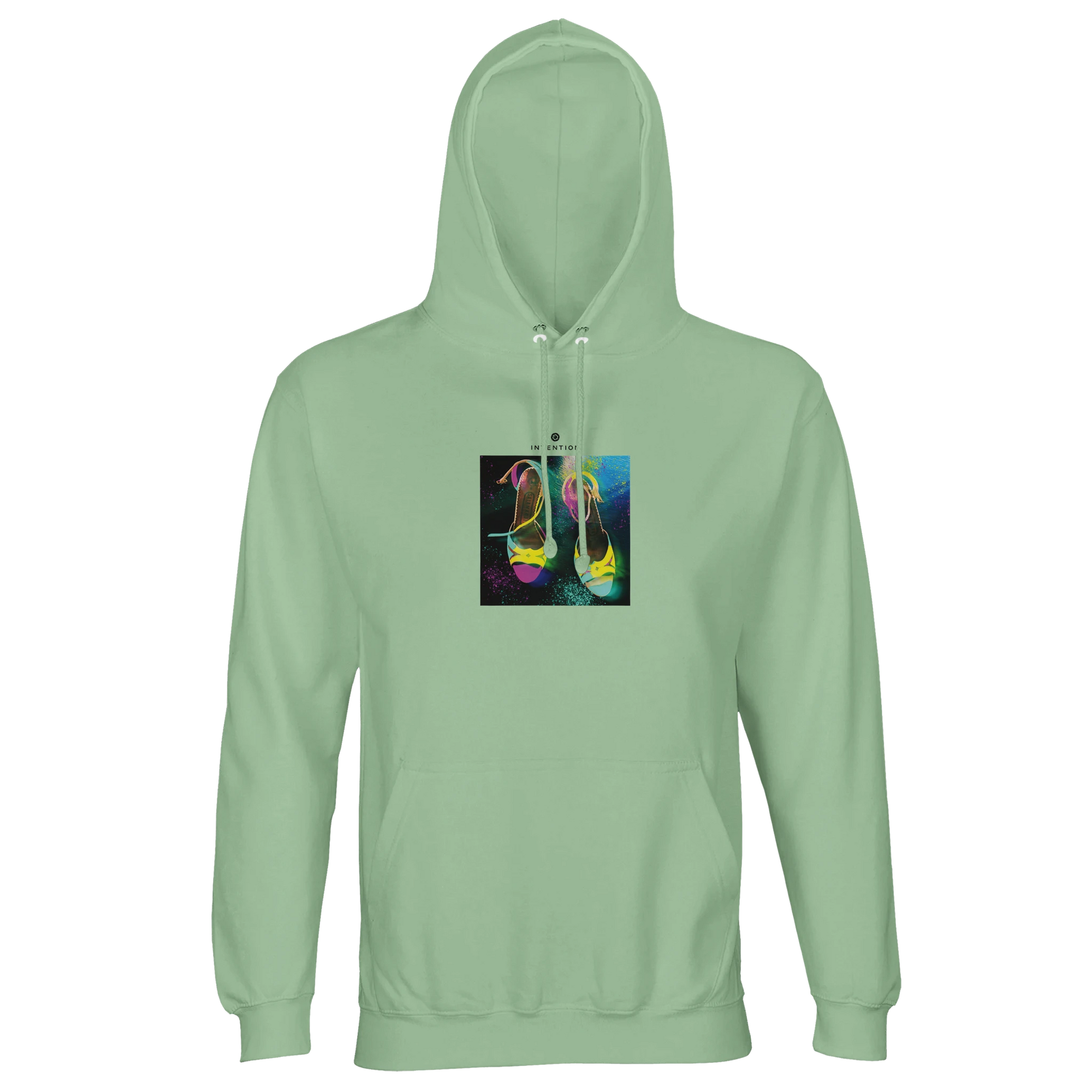 A frozen green hooded sweatshirt featuring an art print of high-heeled shoes on the front center. The vivid design, set on a dark background, makes it ideal for those who appreciate conscious fashion.
