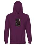 An astral purple hooded sweatshirt with an art print of a bicycle handlebar and brake lever on the chest, ideal for fans of conscious fashion.
