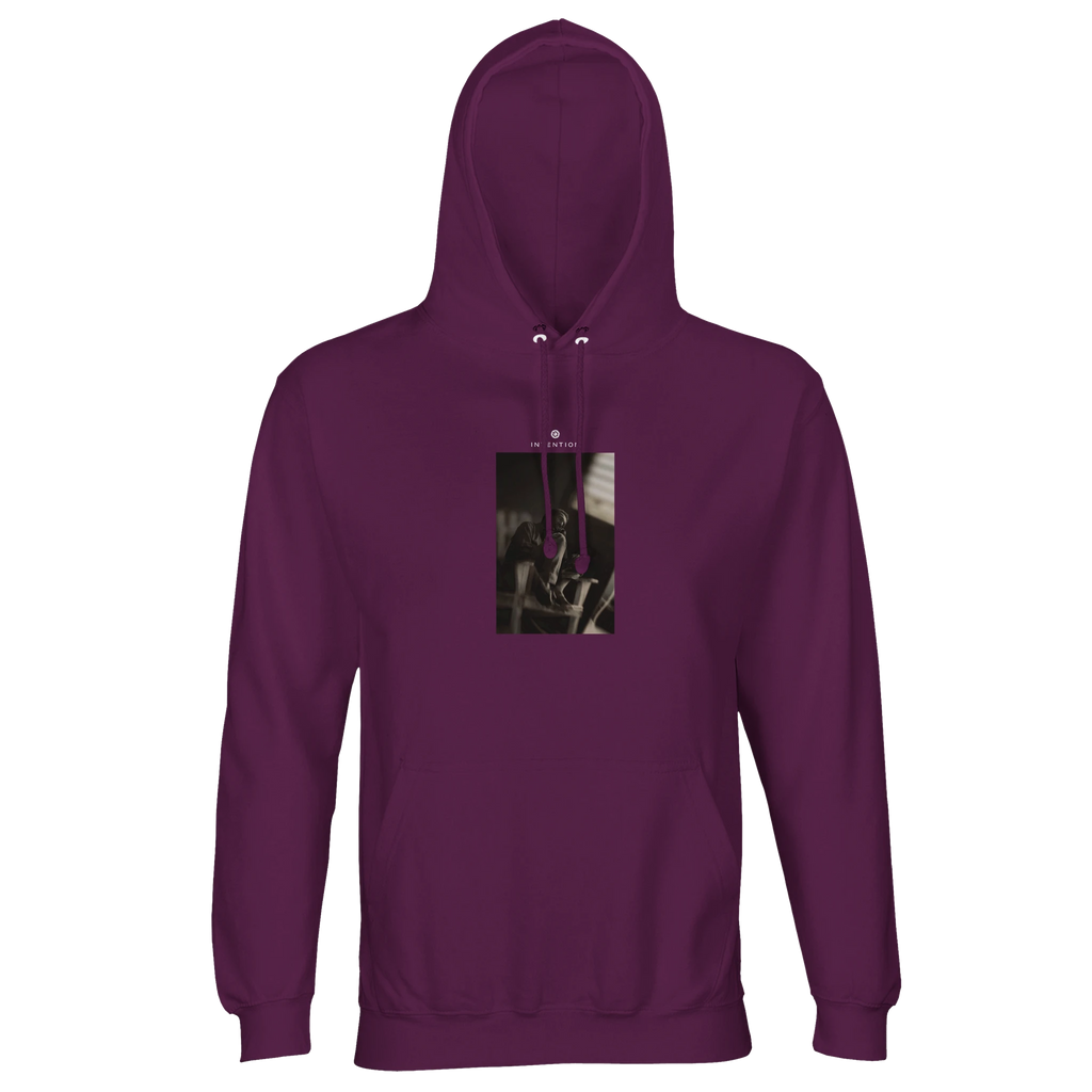 An astral purple hooded sweatshirt with an art print of a bicycle handlebar and brake lever on the chest, ideal for fans of conscious fashion.