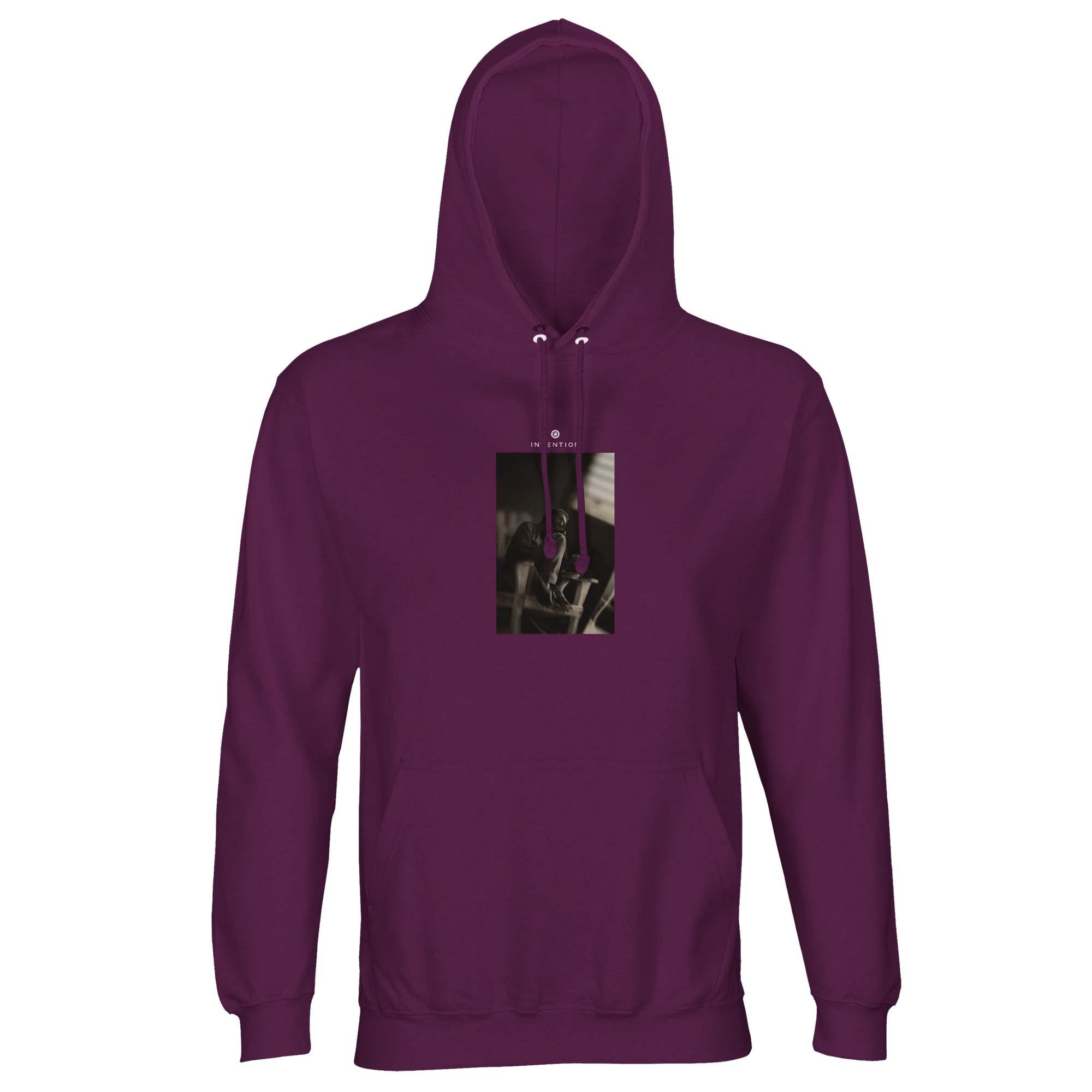 An astral purple hooded sweatshirt with an art print of a bicycle handlebar and brake lever on the chest, ideal for fans of conscious fashion.