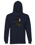A French Navy hooded sweatshirt featuring a small rectangular art print of a bicycle gear and chain on the chest, with a front pocket and drawstring hood—ideal for conscious fashion enthusiasts.
