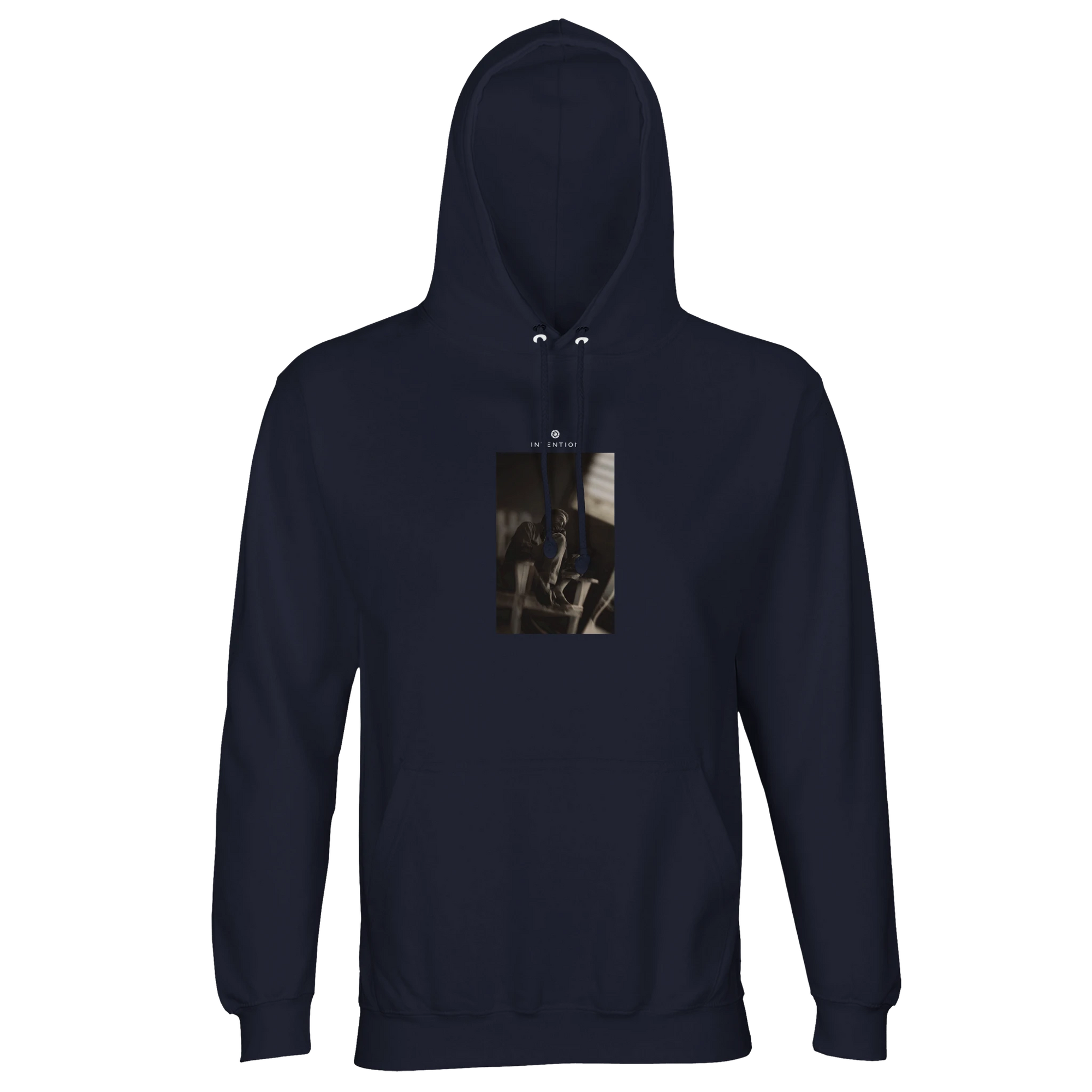 A French Navy hooded sweatshirt featuring a small rectangular art print of a bicycle gear and chain on the chest, with a front pocket and drawstring hood—ideal for conscious fashion enthusiasts.