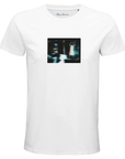 A white short-sleeve t-shirt from mindful apparel featuring a small, blurry rectangular image on the chest, showing a person standing between two cars at night with their arms raised above their head.