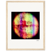 A circular, abstract image resembling lips with vibrant multicolored light streaks on black is centered on a white canvas in a gallery-quality wood frame. An artist's signature is visible at the bottom right.