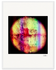 A close-up of lips with rainbow-colored paint and dark splatters on a black background, finished with a white frame. Ideal as inspirational wall art for conscious interior design lovers. The artist’s signature features in the lower right corner.