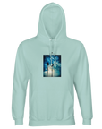 Arctic blue hooded sweatshirt with an art print of two palm trees silhouetted against a bright, cloud-streaked sky. Features include a front pocket and drawstrings for mindful comfort.