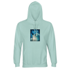Arctic blue hooded sweatshirt with an art print of two palm trees silhouetted against a bright, cloud-streaked sky. Features include a front pocket and drawstrings for mindful comfort.
