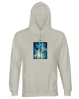 An ash-colored hooded sweatshirt featuring an art print of two palm trees under a blue sky with clouds and sunlight, perfect for conscious fashion enthusiasts.