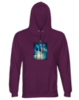 An astral purple hooded sweatshirt features a centered rectangular graphic of two tall palm trees under a bright sky with clouds and sunlight. Equipped with front pocket and drawstrings, it's mindful apparel that promotes conscious fashion.