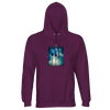 An astral purple hooded sweatshirt features a centered rectangular graphic of two tall palm trees under a bright sky with clouds and sunlight. Equipped with front pocket and drawstrings, it's mindful apparel that promotes conscious fashion.