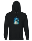 Black hoodie with an artistic chest print of two palm trees silhouetted against a sunlit blue sky—ideal for conscious fashion lovers. Color: Black.