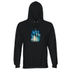 Black hoodie with an artistic chest print of two palm trees silhouetted against a sunlit blue sky—ideal for conscious fashion lovers. Color: Black.