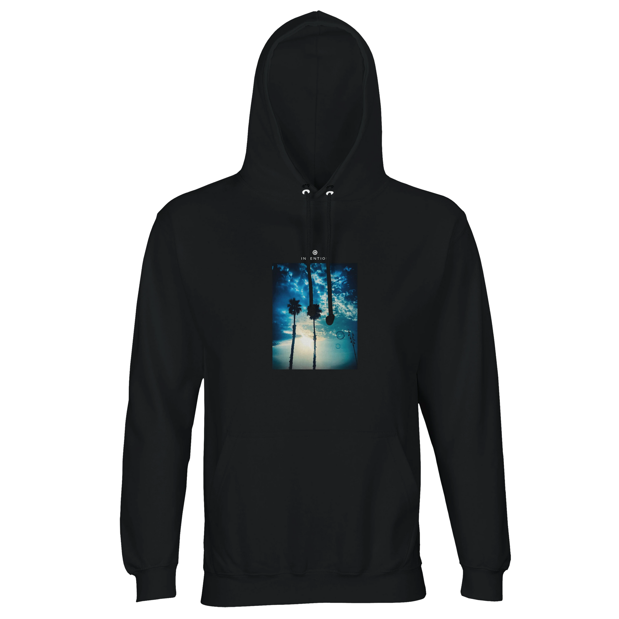 Black hoodie with an artistic chest print of two palm trees silhouetted against a sunlit blue sky—ideal for conscious fashion lovers. Color: Black.