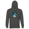 A charcoal melange hooded sweatshirt featuring an art print of two palm trees against a blue sky with sunlight filtering through branches, ideal for fans of mindful apparel.