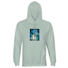 Creamy green hooded sweatshirt featuring a centered art print of two palm trees, blue sky, and sunlight. This mindful apparel includes a front pocket and drawstrings for comfort and style.