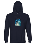 A French Navy hooded sweatshirt featuring an art print of two palm trees with a blue sky, clouds, and sunlight on the chest. Includes a front pocket and drawstrings for comfort and style.