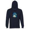 A French Navy hooded sweatshirt featuring an art print of two palm trees with a blue sky, clouds, and sunlight on the chest. Includes a front pocket and drawstrings for comfort and style.