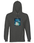 A Grey Melange hooded sweatshirt displays an art print of two tall palm trees silhouetted against a blue sky with sunlight filtering through clouds—ideal for fans of mindful apparel.