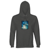 A Grey Melange hooded sweatshirt displays an art print of two tall palm trees silhouetted against a blue sky with sunlight filtering through clouds—ideal for fans of mindful apparel.