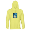 A light yellow hooded sweatshirt with an art print of two palm trees against a blue sky and sunlight filtering through branches, designed as mindful apparel for those who value style and conscious living.
