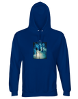 A royal blue sweatshirt with a hood, featuring a rectangular chest print of two palm trees silhouetted against a sunlit sky.
