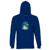 A royal blue sweatshirt with a hood, featuring a rectangular chest print of two palm trees silhouetted against a sunlit sky.