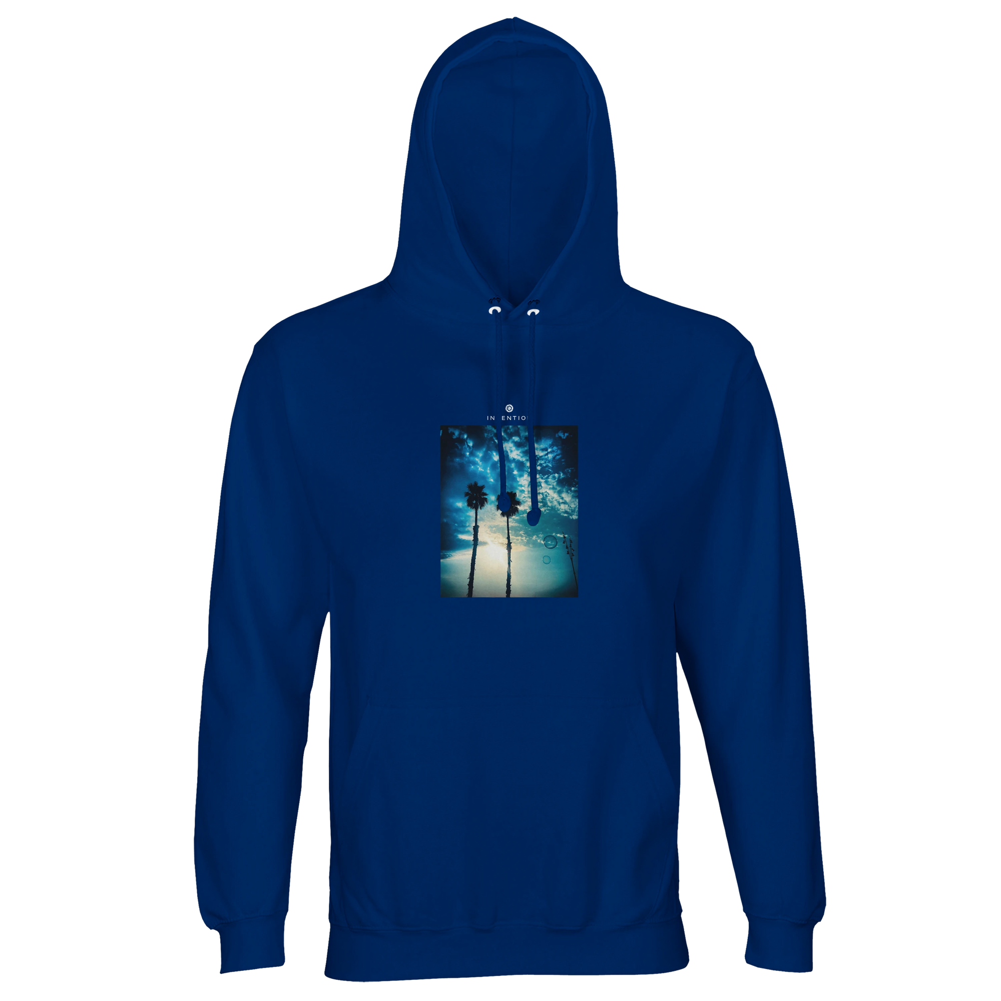 A royal blue sweatshirt with a hood, featuring a rectangular chest print of two palm trees silhouetted against a sunlit sky.