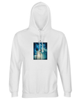 A white hooded sweatshirt with a front pocket, featuring a printed image of two palm trees and a blue sky with clouds and sunlight on the chest—perfect for those who appreciate mindful apparel and conscious fashion.