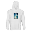 A white hooded sweatshirt with a front pocket, featuring a printed image of two palm trees and a blue sky with clouds and sunlight on the chest—perfect for those who appreciate mindful apparel and conscious fashion.
