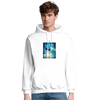 A young man wearing a white hoodie featuring a graphic print of two roses submerged in water on the front, paired with blue jeans, stands against a plain white background—showcasing conscious fashion and mindful apparel.