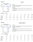 A size guide for organic clothing t-shirts in two tables—centimeters and inches. Each table lists garment measurements for Length and Half Chest (sizes XS to XXL) with a labeled diagram of a t-shirt.