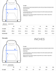 A hoodie size guide with diagrams and tables showing measurements for length, width, and half chest in both centimeters and inches, from XS to 4XL. Instructions for measuring are included above each chart—perfect for conscious fashion or organic clothing choices.
