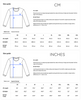 A conscious fashion clothing size guide for tops in CM and INCHES. Diagram shows arrows labeled A (length) and B (half chest). Tables list XS to XXL measurements in both units, with instructions for measuring included.