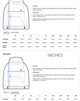 Size guide for hoodies in centimeters and inches, designed for mindful apparel. Two diagrams show measurement points for length (A) and half chest (B), with tables listing sizes XS to 3XL in both metric and imperial units.
