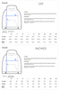Size guide for hoodies in centimeters and inches, designed for mindful apparel. Two diagrams show measurement points for length (A) and half chest (B), with tables listing sizes XS to 3XL in both metric and imperial units.