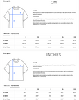 A size guide for our mindful apparel t-shirts is shown in centimeters and inches. It features a diagram with length, width, and half chest measurements, plus tables for sizes S to XXL and their corresponding dimensions.