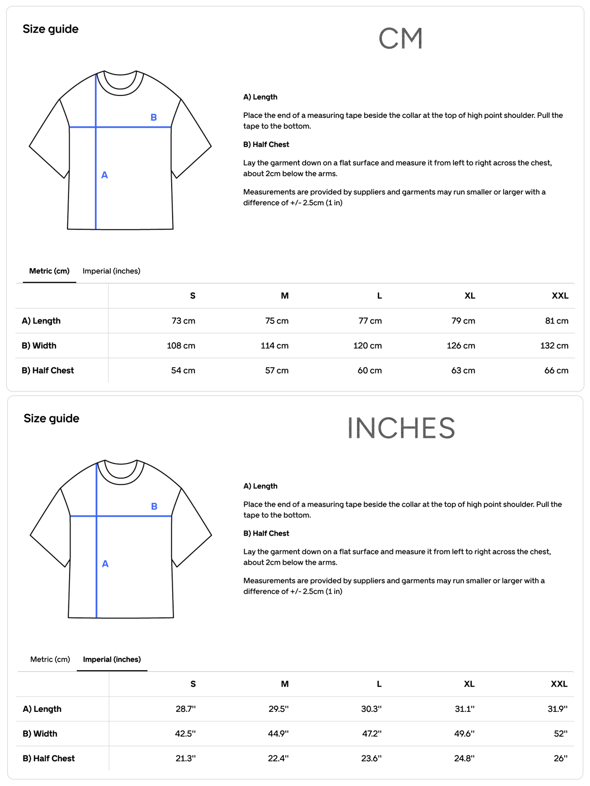 A size guide for our mindful apparel t-shirts is shown in centimeters and inches. It features a diagram with length, width, and half chest measurements, plus tables for sizes S to XXL and their corresponding dimensions.
