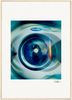 A front-loading Electrolux washing machine with a reflection on the round glass door, surrounded by blue and teal light effects; a white border frames this fine art print, and a signature appears at the bottom.